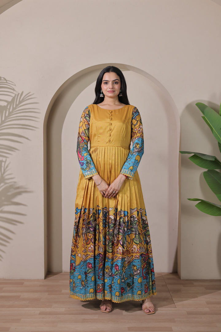 stunning flared yellow gown with pen kalamkari design